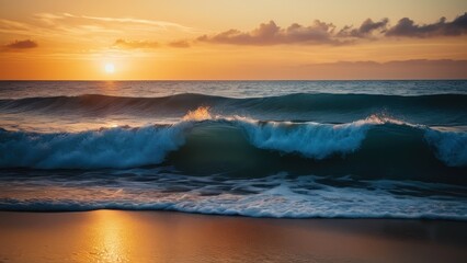 Obraz premium A serene sunset over the ocean with gentle waves rolling onto the shore, creating a tranquil and picturesque atmosphere perfect for beach lovers
