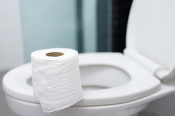 The tissue paper was placed on the toilet bowl in the bathroom.