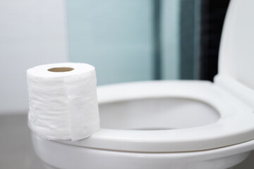 The tissue paper was placed on the toilet bowl in the bathroom.