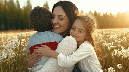 Fototapeta premium A woman is hugging two children in a field of flowers