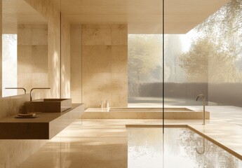 Elegant and Serene Modern Bathroom with Minimalist Design Featuring Natural Light, Soft Tones, and Luxurious Finishes for a Relaxing Atmosphere