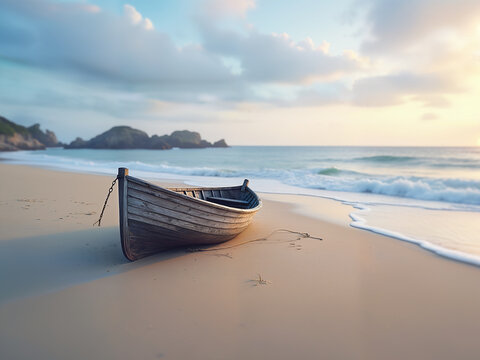 Generated realistic illustration of a lone abandoned wooden boat stranded on the beach in sunrise.