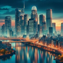 Naklejka premium city skyline with a river and a city in the background. 