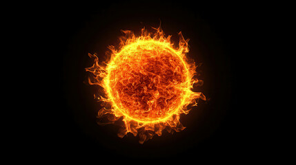 Bright Burning Fireball Close Up on Black Background with Intense Flames
