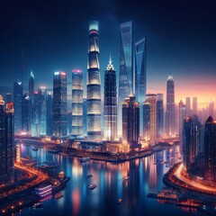 Fototapeta premium city skyline with a river and a city in the background. 