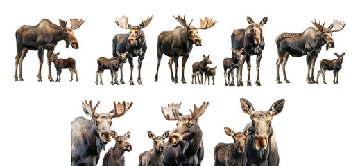 Pack PNG of a moose with its calf isolated set against a transparent background