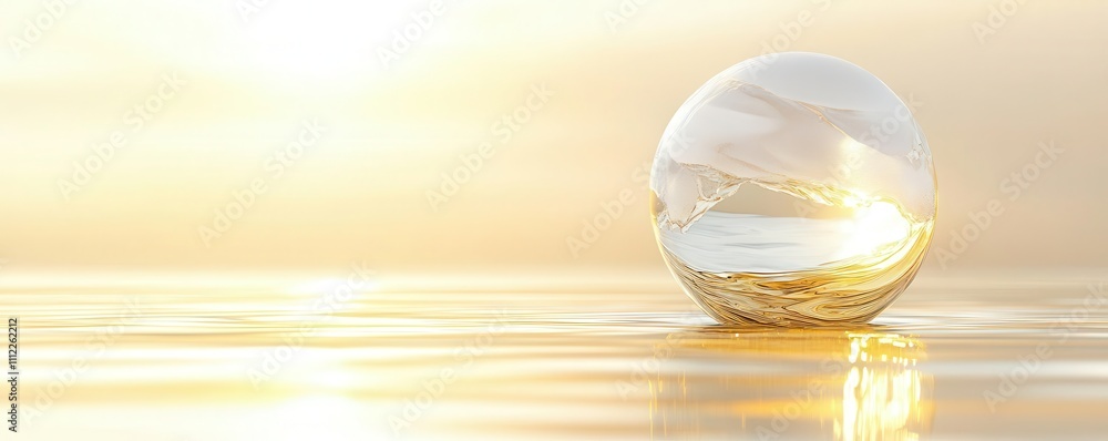 Poster a clear, reflective sphere rests on a serene surface, bathed in soft golden light, creating a tranqu