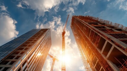 Tall skyscrapers under construction with cranes set against a sunlit sky, highlighting the modern architecture and rapid urban development in the city skyline.