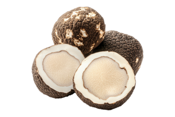 Fresh Bianchetto truffles isolated on white transparent background, great for culinary and gourmet themes.