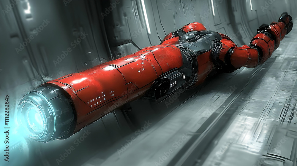 Poster Futuristic Red Robot Slides Through Space Corridor