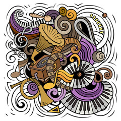 Cartoon vector doodles Classic music illustration. Funny detailed, with lots of objects background. 