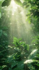 Lush green forest with sunlight filtering through the foliage creating a serene and peaceful atmosphere  The dappled light illuminates the vibrant flourishing plants and trees