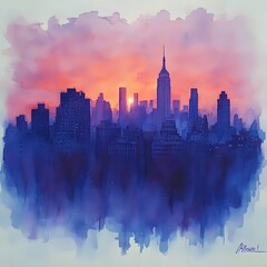 Fototapeta premium A painting of a city skyline with a sunset in the background