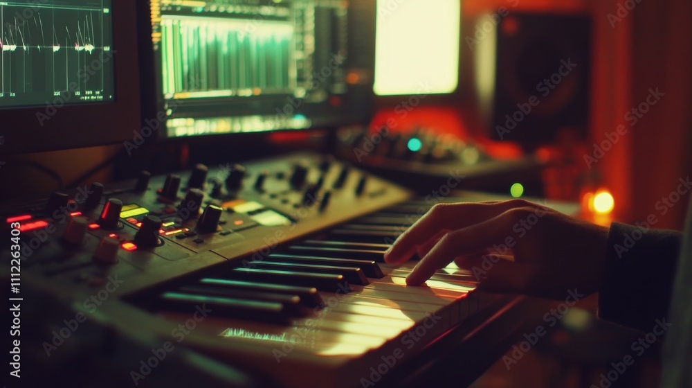 Poster creative music production in a home studio setting with synthesizers, midi controllers, and computer