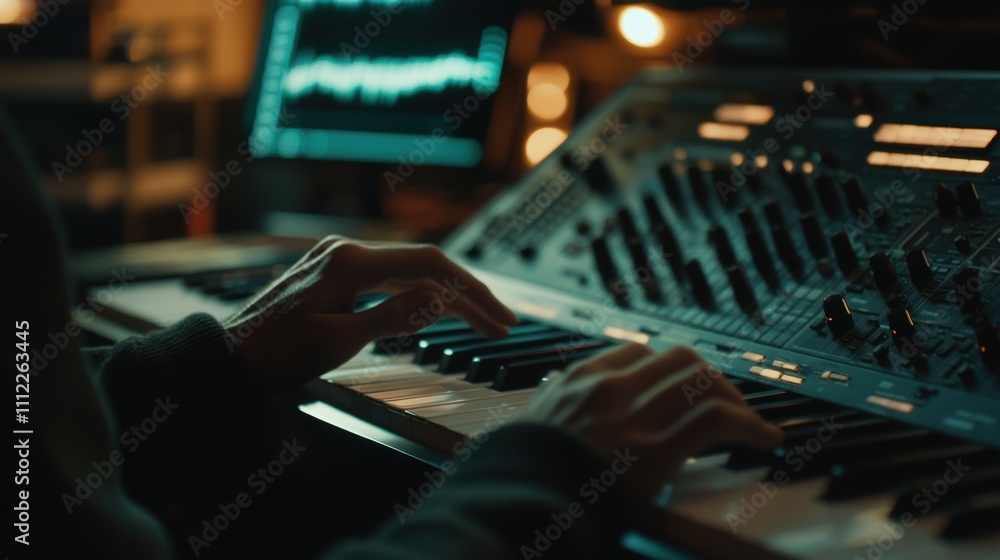 Poster a close-up view of hands playing a synthesizer keyboard in a dimly lit studio with electronic equipm