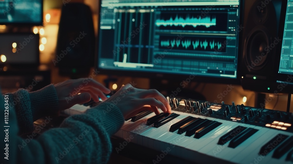 Poster close-up of hands playing keyboard in a home music studio with computer screens displaying audio wav