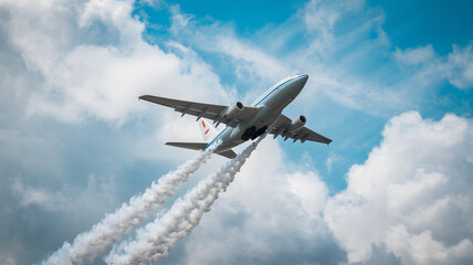 Obraz premium Aircraft releasing particles into the atmosphere, symbolizing environmental impact and the balance between technological advancement and ecological responsibility.