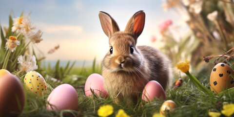 Easter background with eggs, bunnies and flowers Generative AI