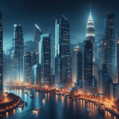 city skyline with a river and a city in the background.
