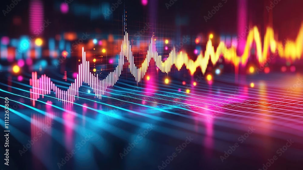 Poster abstract digital sound wave with colorful light effects against a dark background.