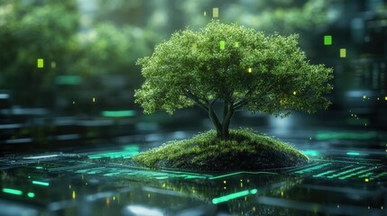 A digital tree stands on a microchip, symbolizing the fusion of nature and technology in a vibrant green environment.