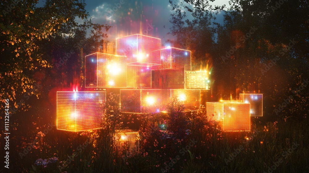 Poster illuminated cubes glowing in a dark forest setting