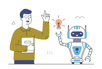 Artificial intelligence apps. Man brainstorming with robot. Virtual helper and assistant. Workflow automation. Human and bot with idea. Linear vector illustration