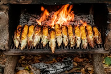Grilled corn on the cob roasting over open flames in a rustic campfire setting. Generative AI