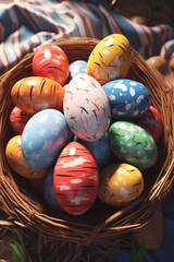 Easter background with eggs, bunnies and flowers Generative AI