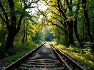 Obraz premium Sunlight Drenched Abandoned Railway Track - Lush Forest Scene
