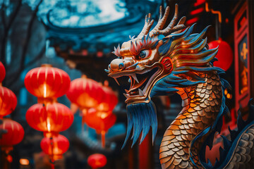 Chinese dragon against red round lanterns