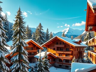 Obraz premium Swiss Alps Wooden Chalets Winter Snowscape - Vibrant Loetschental Valley