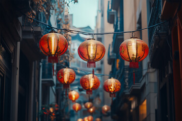 Chinese red lanterns on a dark decorated street