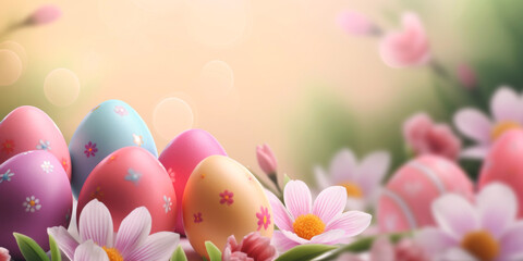 Easter background with eggs, bunnies and flowers Generative AI