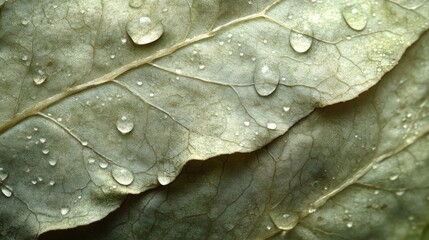 Fototapeta premium Dewdrops on Overlapping Green Leaves Texture