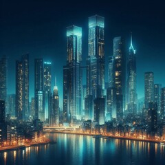 Obraz premium city skyline with a river and a city in the background.