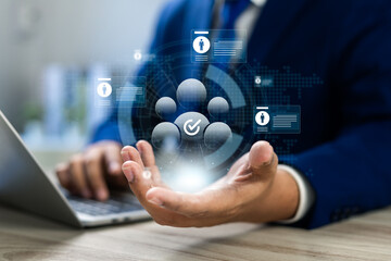 HR, Human resources, Recruitment and talent management, Businessman holding digital network...