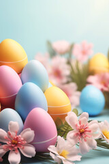 Easter background with eggs, bunnies and flowers Generative AI