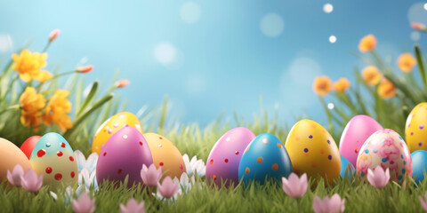 Easter background with eggs, bunnies and flowers Generative AI