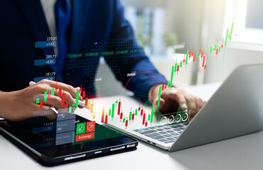 Digital investment platforms, Analyzing technical price charts, Investors show virtual screen stock...