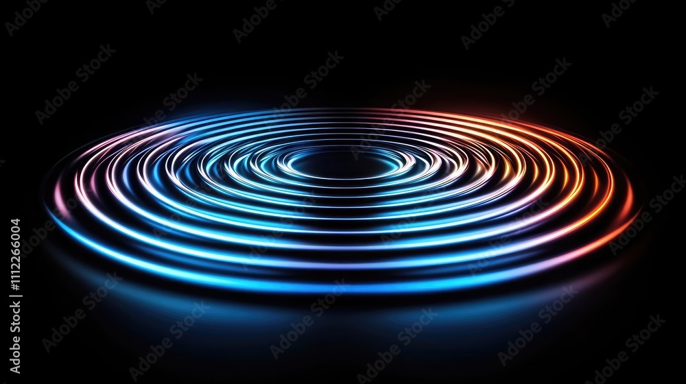 Poster colorful concentric circles with a glowing effect on a black background.