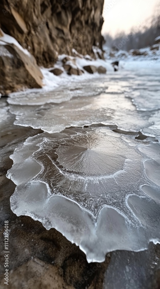 Poster delicate circular ice patterns formed on frozen surface of a river surrounded by rocky terrain and f