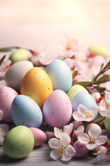 Easter background with eggs, bunnies and flowers Generative AI