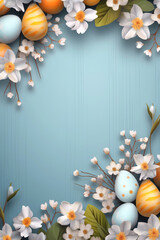 Easter background with eggs, bunnies and flowers Generative AI