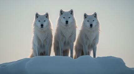Obraz premium Majestic Arctic Wolves Standing Together on a Snowy Landscape with Soft Light Illuminating Their Fluffy White Fur and Intense Gaze Against a Winter Sky
