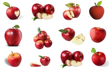 Set of Realistic ripe red Apple fruit. Whole, half and slice cut isolated fruit. 3d vector fresh, crisp sweet natural delight. Ruby-red wedges,bursting with flavor and juiciness,red apple vector set.