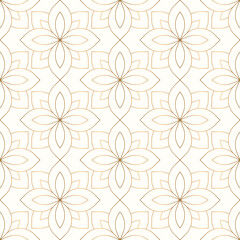 Obraz premium Luxury geometric seamless gold line with delicate floral motifs pattern on a white background. Vector illustration.