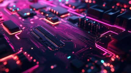 Obraz premium Circuit Board with Glowing Neon Lights