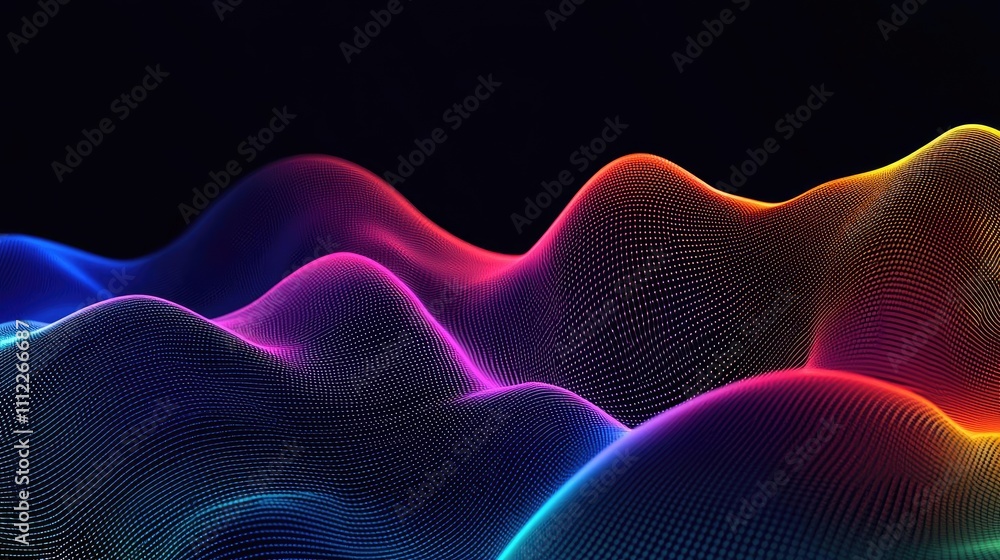 Poster Colorful wave patterns with glowing lines against a dark background.