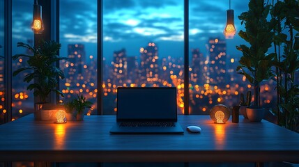 Modern home office room with laptop computer and copy space on working desk over blurred outdoor view at night in the background. 3D rendering, 3D illustration